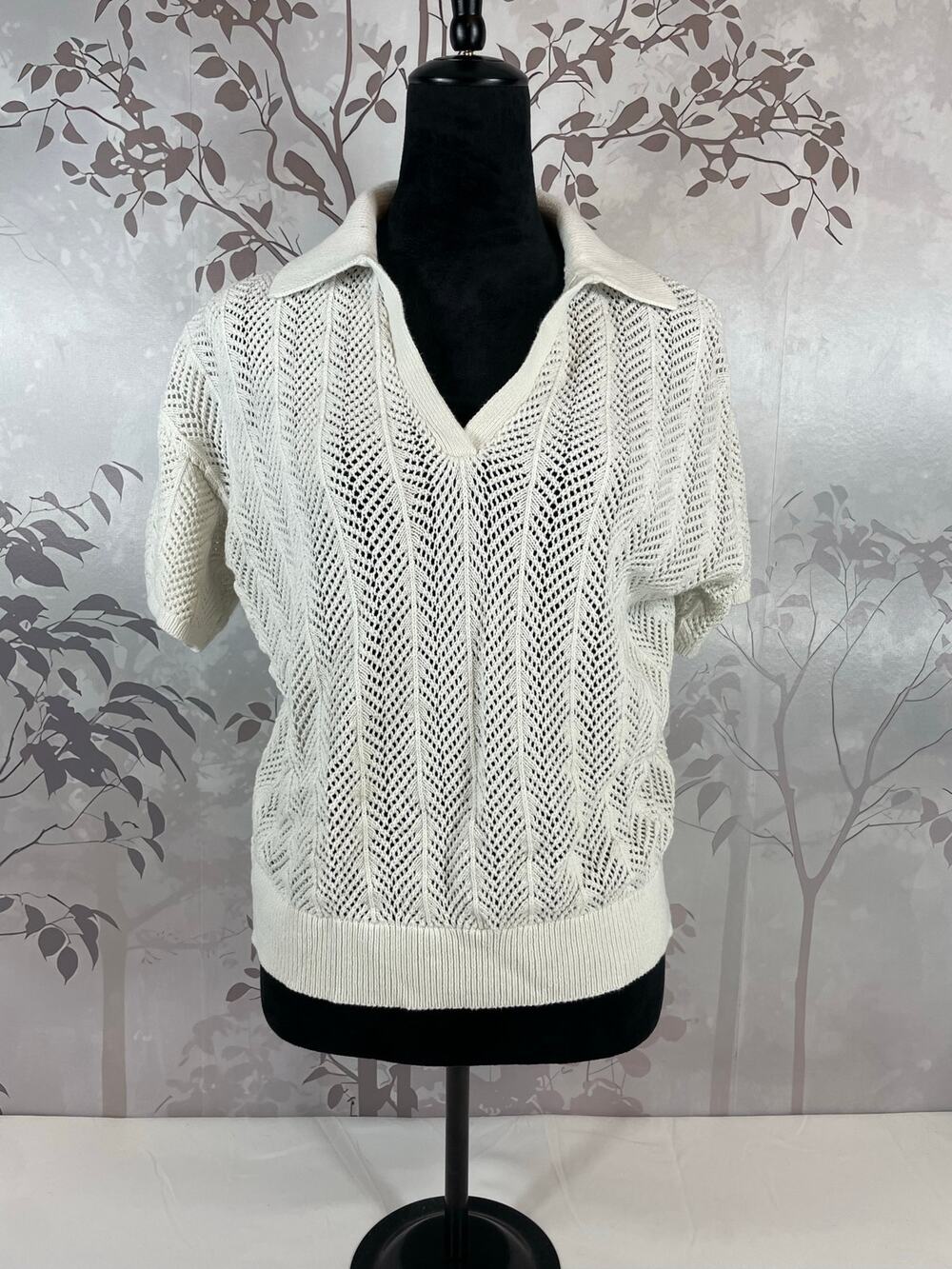LOFT Open Knit Crochet Sweater Polo Top Cream White L Short Sleeve V-Neck